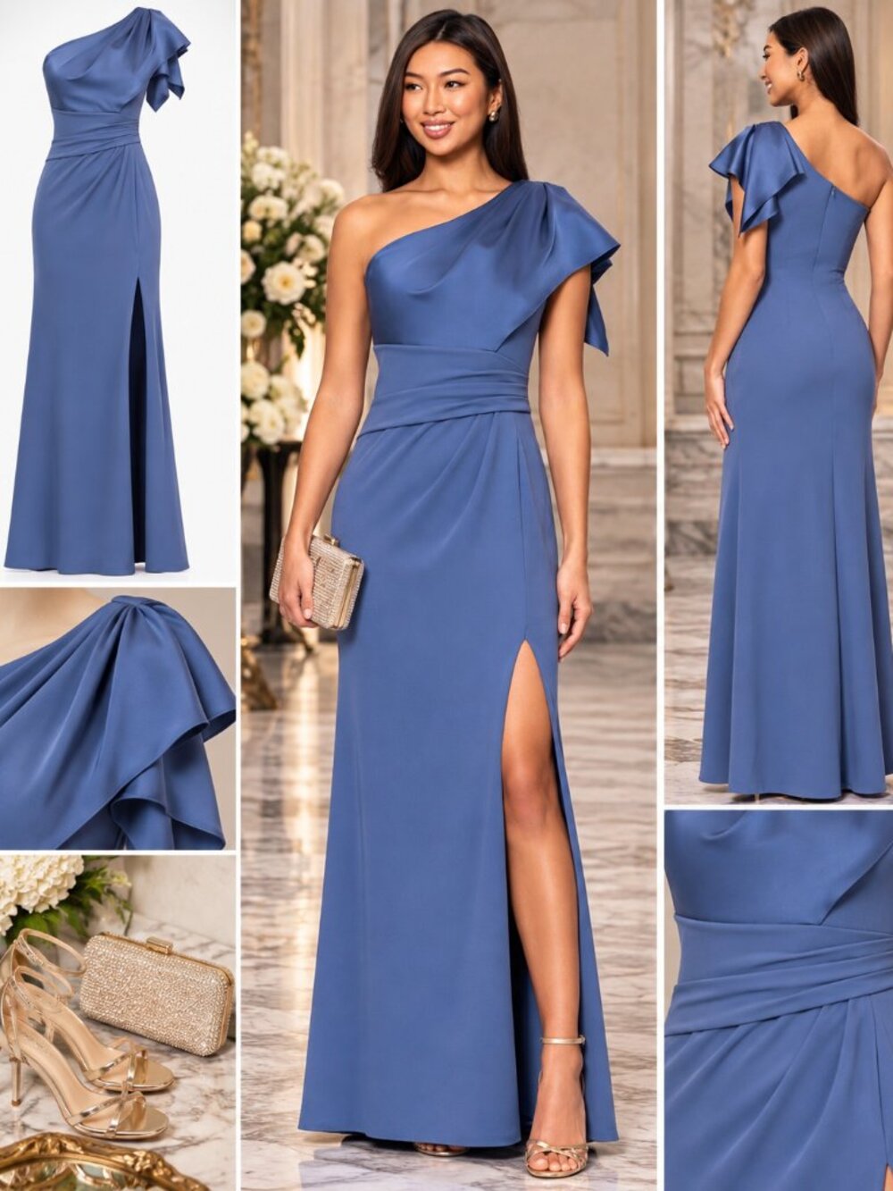 Betsy & Adam Slate Blue One Shoulder Formal Gown Size 12 NWT